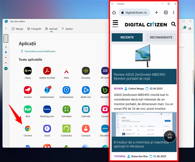 Utilizarea unei aplicaÈii Android pe Windows cu Link cÄtre telefon