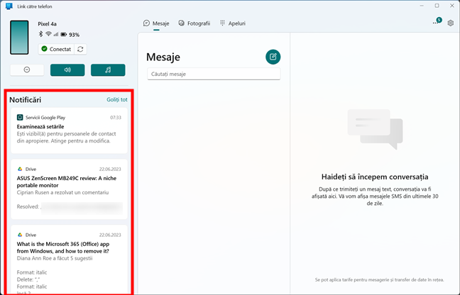 VerificÄ notificÄrile din aplicaÈia Link cÄtre telefon în Windows