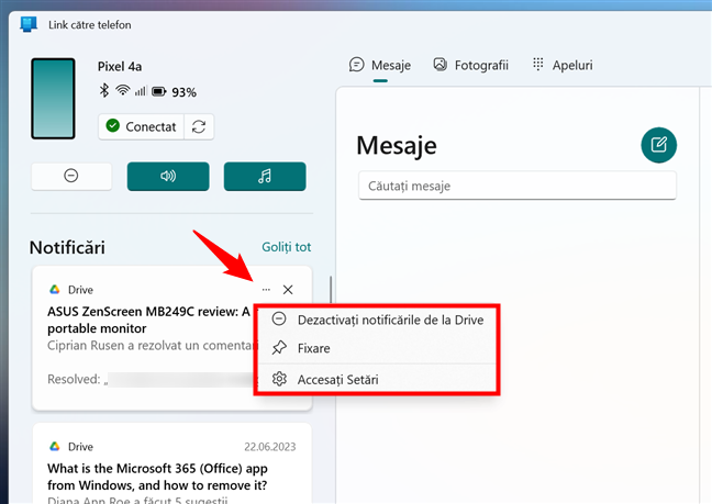 Mai multe opÈiuni pentru notificÄrile primite de la aplicaÈia Phone Link
