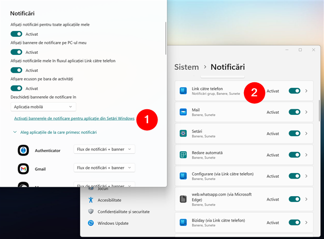 SetÄƒrile NotificÄƒrilor pentru Link cÄƒtre telefon Ã®n Windows