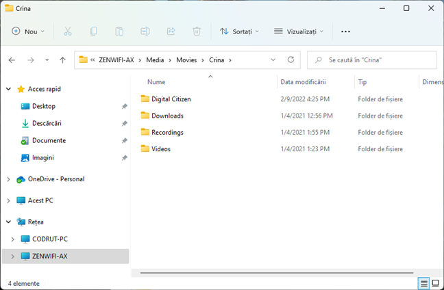 Folderele și fișierele partajate pe un dispozitiv din rețea
