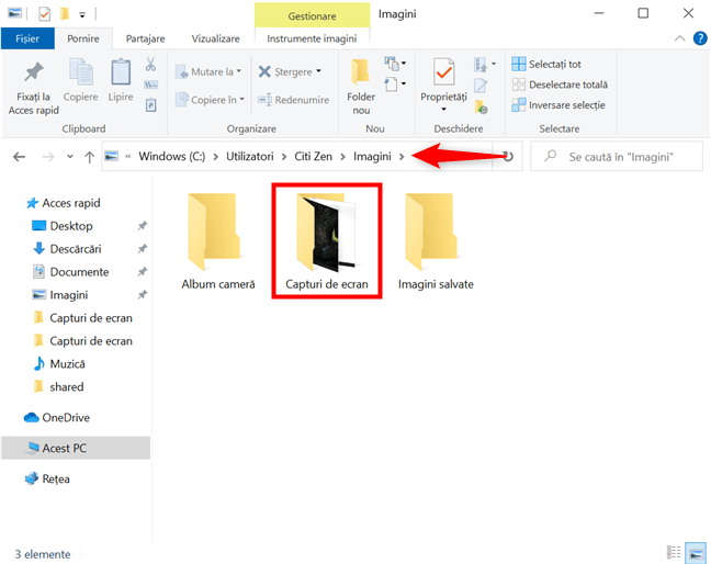 Navighează la folderul Capturi de ecran din Windows 10