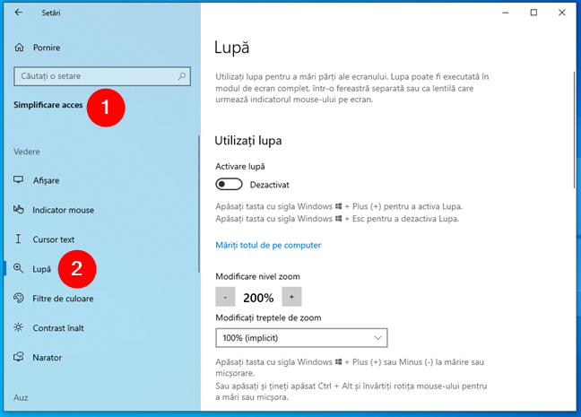 SetÄƒri > Simplificare acces este locul unde poÈ›i gÄƒsi instrumentul LupÄƒ Ã®n Windows 10
