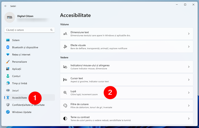 SetÄƒri > Accesibilitate este locul unde poÈ›i gÄƒsi instrumentul LupÄƒ Ã®n Windows 11