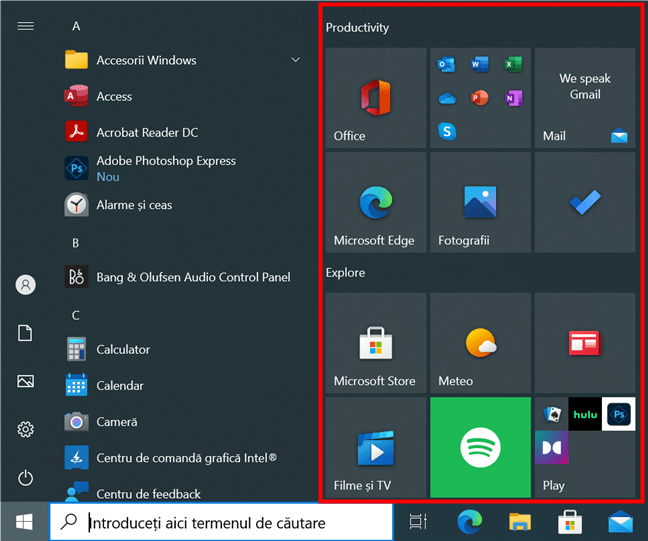Meniul Start implicit din Windows 10 afișează dale și scurtături în dreapta