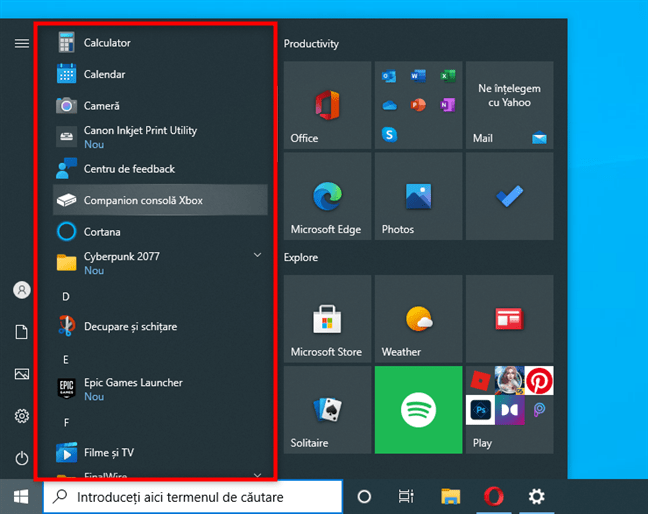 Lista de aplicaÈ›ii din Meniul Start din Windows 10