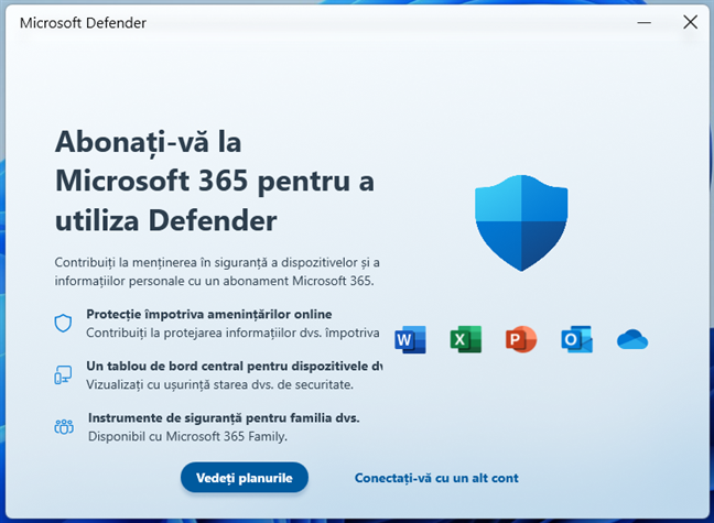 Microsoft Defender necesită un abonament Microsoft 365 Personal sau Family
