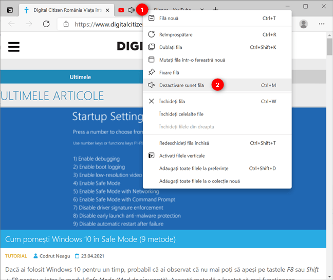 DezactiveazÄƒ sunetul unei file din meniul sÄƒu contextual