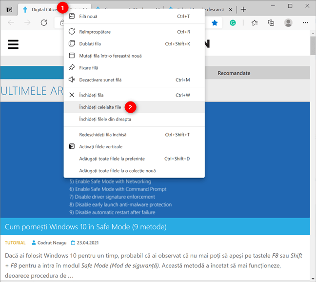 ÃŽnchiderea celorlalte file din Microsoft Edge