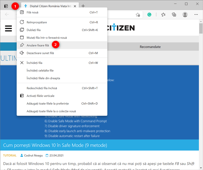 AnuleazÄƒ fixarea filelor din Microsoft Edge