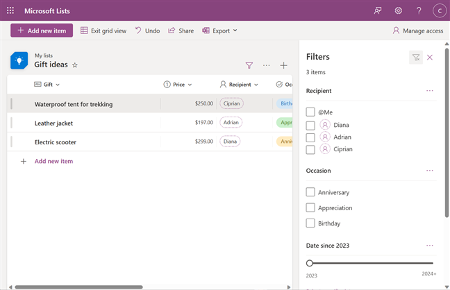 Filtre într-o listÄ din Microsoft Lists