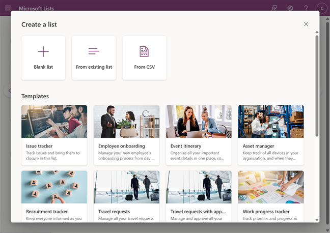 OpÈiuni de pornire Èi Èabloane pentru Microsoft Lists