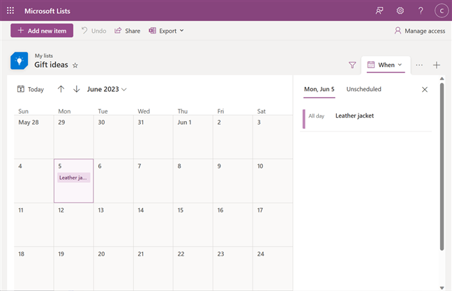 Vizualizarea Calendar a unei liste create cu Microsoft Lists