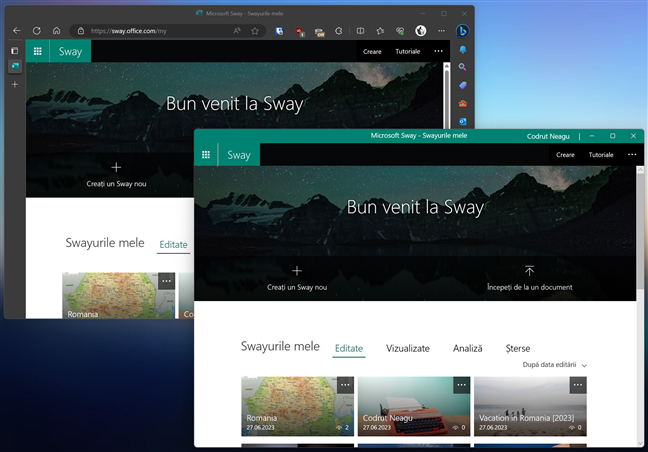 Microsoft Sway este identic ca aplicaÈie web (stânga) sau ca aplicaÈie (dreapta)