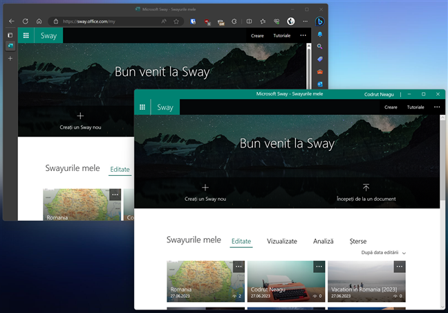 Microsoft Sway este identic ca aplicaÈ›ie web (stÃ¢nga) sau ca aplicaÈ›ie (dreapta)