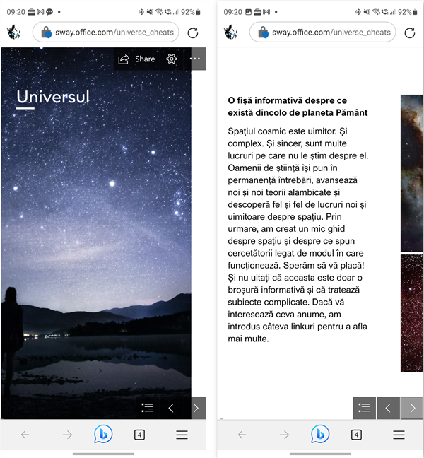 O poveste Sway afiÈatÄ pe un smartphone cu Android