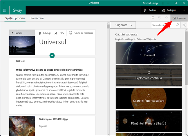 Inserare de conÈinut în Microsoft Sway