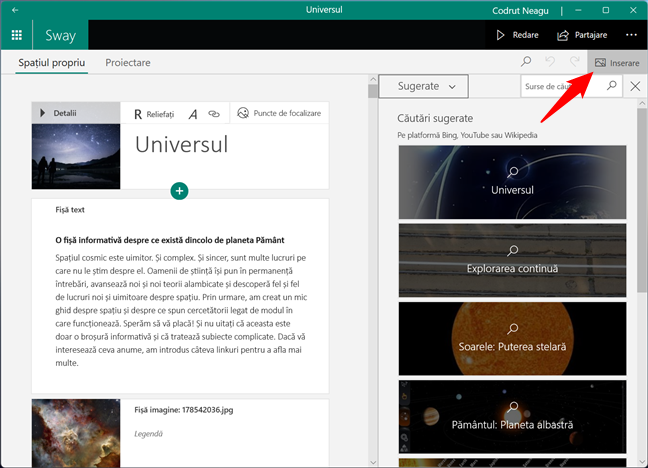 Inserare de conÈ›inut Ã®n Microsoft Sway