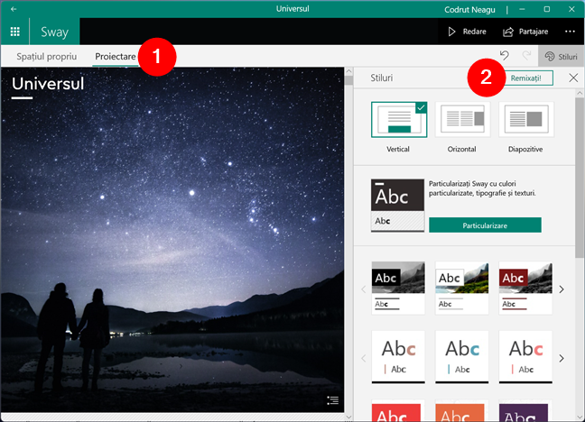 Editorul Proiectare în Microsoft Sway