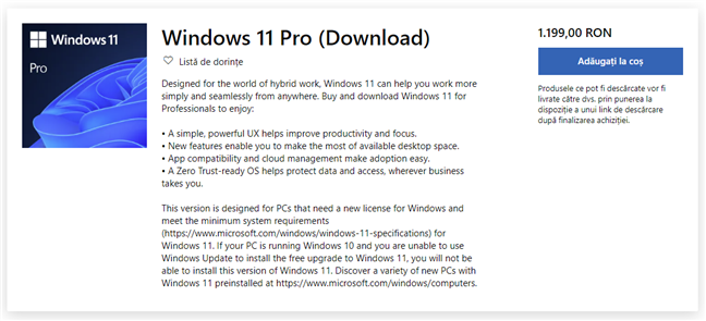 PreÈ›ul oficial retail al licenÈ›ei de Windows 11 Pro