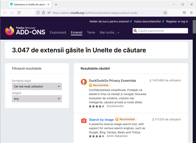 Uneltele de cÄƒutare din Firefox