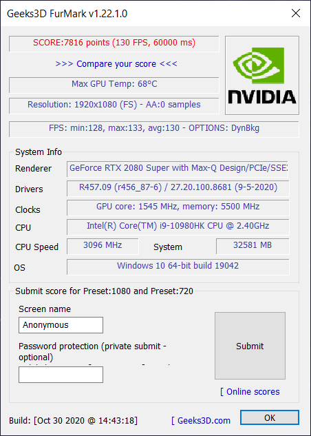 Benchmark laptop de gaming MSI GE66 Raider 10SGS: FurMark