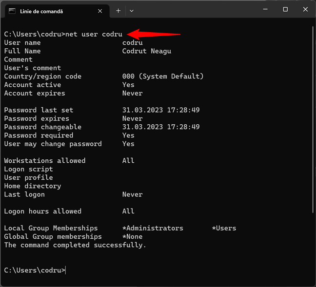Cum obÈ›ii detalii despre un cont de utilizator Ã®n CMD, folosind comanda net user
