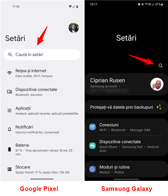 Deschide SetÄri Èi acceseazÄ CÄutarea