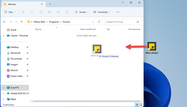 Trage Note adezive Ã®n folderul Pornire din File Explorer