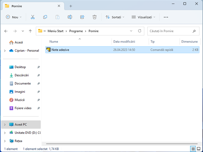Note adezive este acum Ã®n folderul Pornire