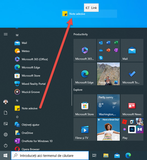 Trage Note adezive din Meniul Start al Windows 10 pe desktop