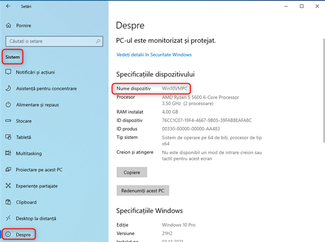 Ãn SetÄrile din Windows 10, acceseazÄ Sistem > Despre > Nume dispozitiv
