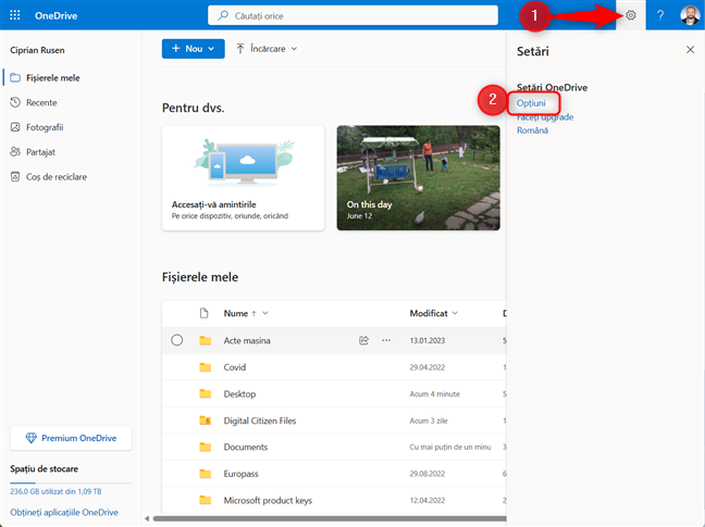Pe site-ul OneDrive, acceseazÄƒ SetÄƒri > OpÈ›iuni