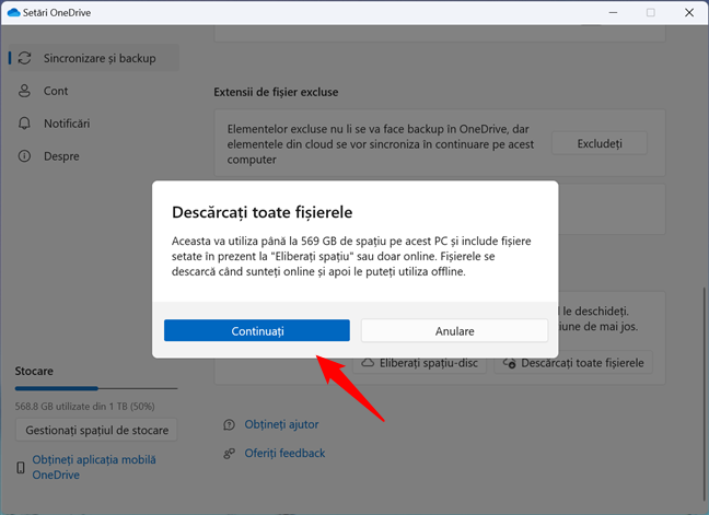 ContinuÄƒ È™i descarcÄƒ toate fiÈ™ierele (dezactiveazÄƒ FiÈ™iere la cerere)