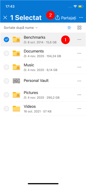PartajeazÄ un element din OneDrive pentru iPhone