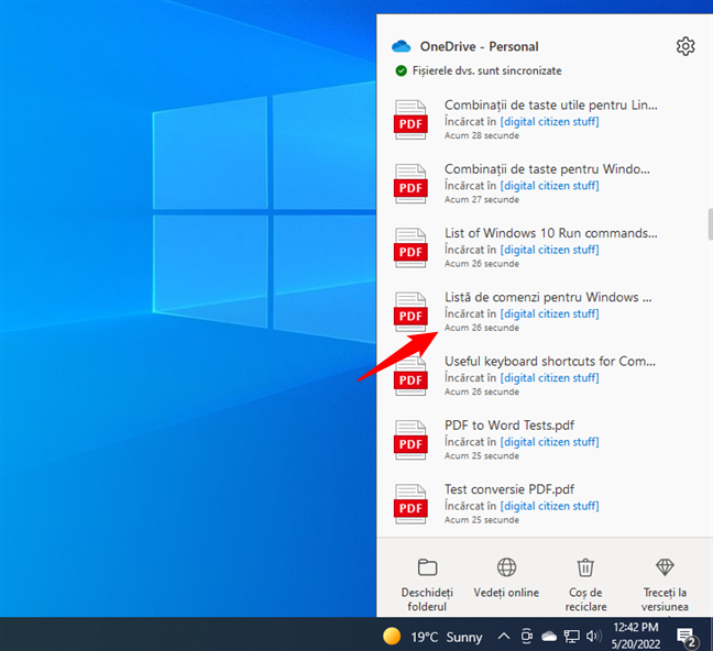 Ultima datÄƒ cÃ¢nd a fost sincronizat un fiÈ™ier de OneDrive Ã®n Windows 10