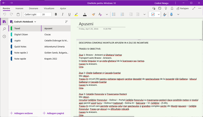 AplicaÈ›ia OneNote pentru Windows 10