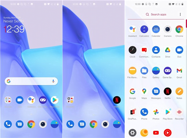 OnePlus 9: home screens and app drawer