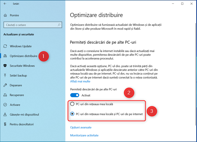 ActiveazÄƒ Optimizare distribuire Ã®n Windows 10