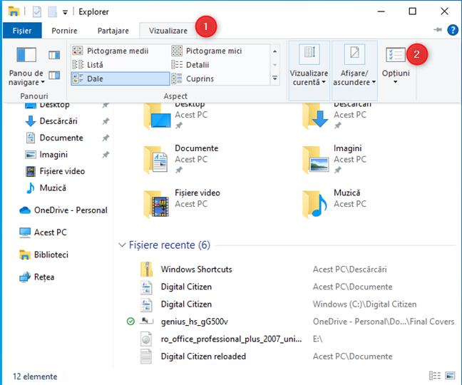 În fereastra File Explorer din Windows 10, accesează Vizualizare > Opțiuni