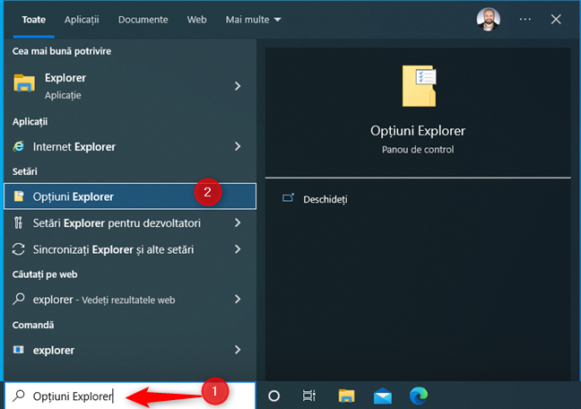 Ãn Windows 10, cautÄ OpÈiuni Explorer