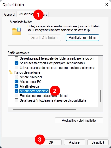 Opțiunea Afișați toate folderele din Optiuni folder, în Explorer