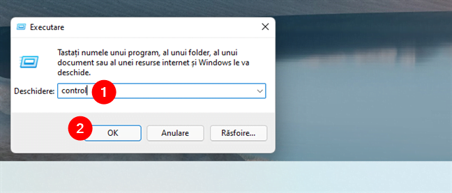 Deschiderea Panoului de control din fereastra Executare, în Windows 11