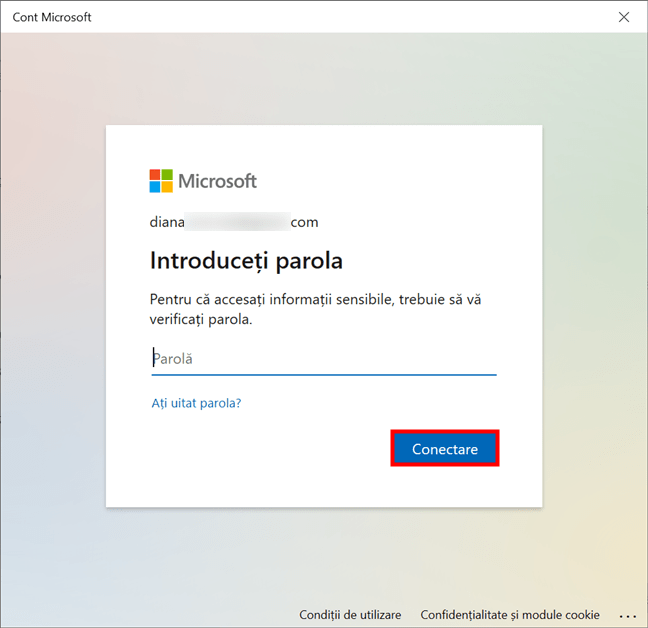 Introdu parola actualÄƒ a contului Microsoft pentru a te conecta