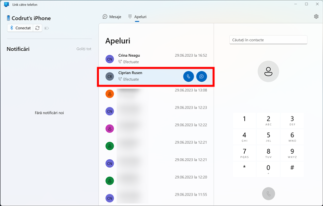 Apelarea unei persoane de pe un iPhone conectat la un PC