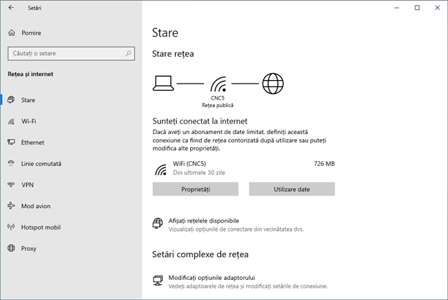 Secțiunea Stare rețea în Setările din Windows 10