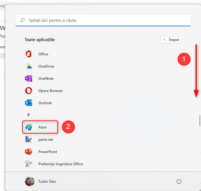 ApasÄƒ pe pictograma Paint din lista de aplicaÈ›ii