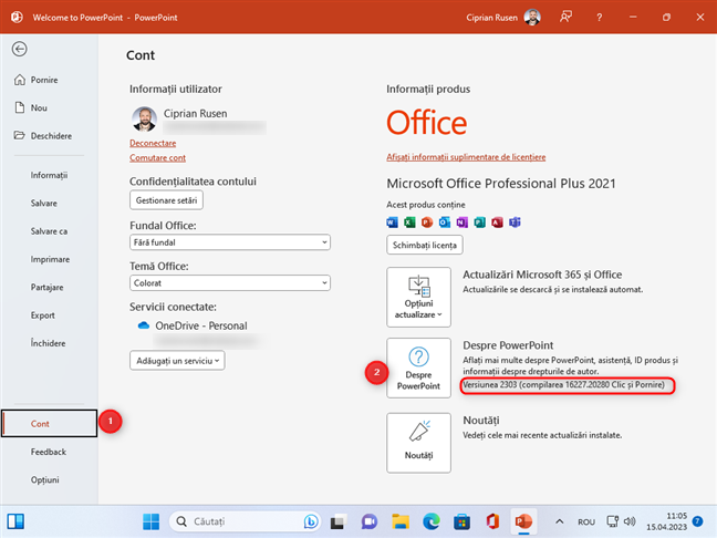Mergi la Cont > Despre PowerPoint