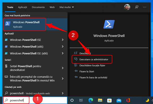 Lanseaza PowerShell folosind cÄƒutarea Ã®n Windows 10