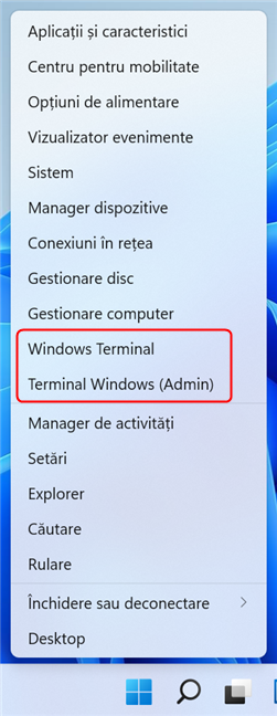 Scurtăturile Windows Terminal din meniul WinX al Windows 11